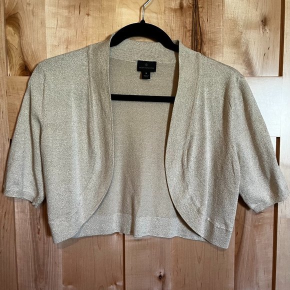 Worthington Ladies Cropped Shrug Sweater Cream Gold Tone Metallic Thread S Small - Picture 1 of 7